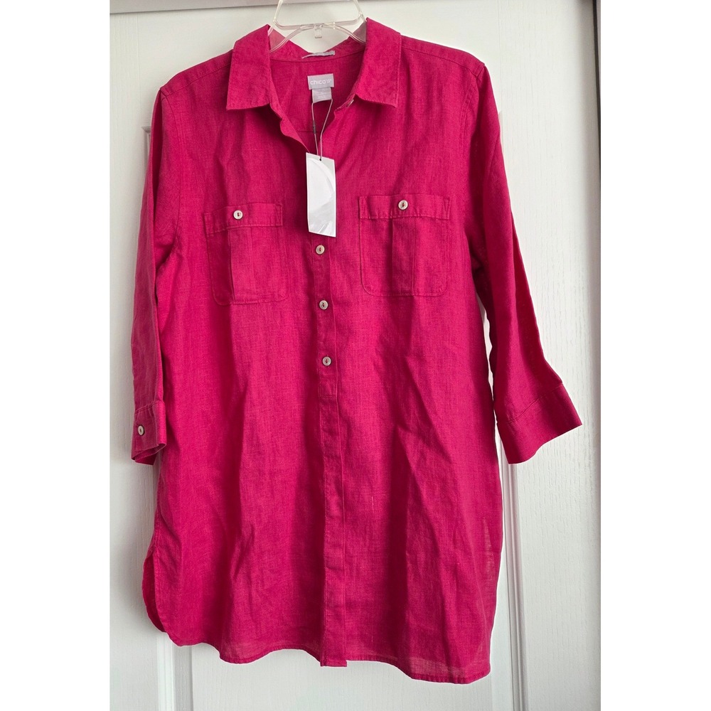 Chicos No Iron Linen Button Down Tunic Shirt Top 3/4 Sleeve Pink Sz 2/L Vacation